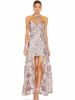 NWOT Alexis White Metallic High Low Gown XS